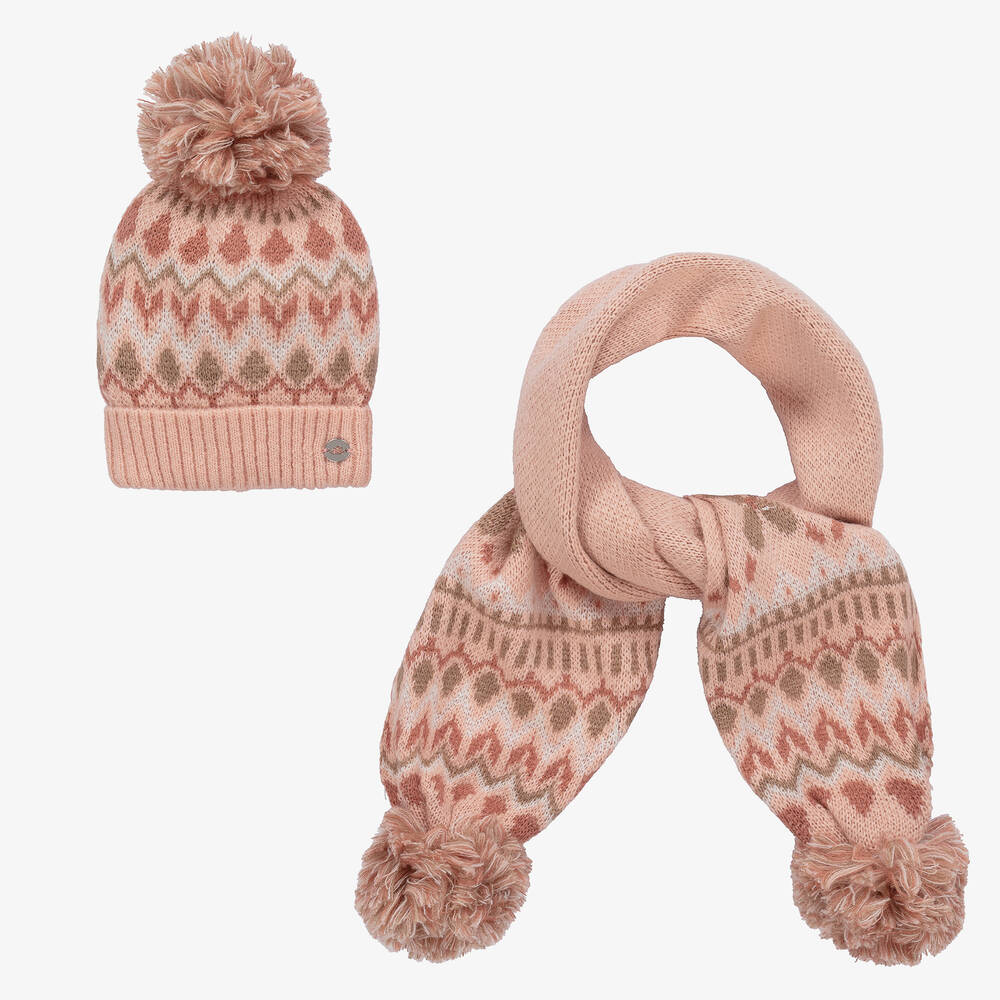 Mayoral - Girls Pink Fair Isle Hat & Scarf Set | Childrensalon