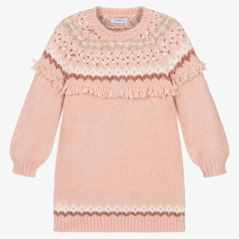 Mayoral - Girls Pink Fair Isle Knitted Dress | Childrensalon