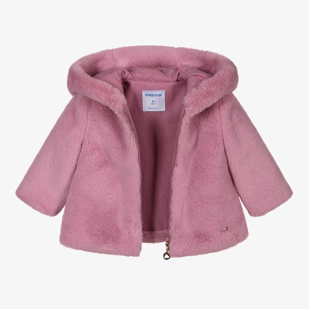 Mayoral Girls Pink Faux Fur Coat