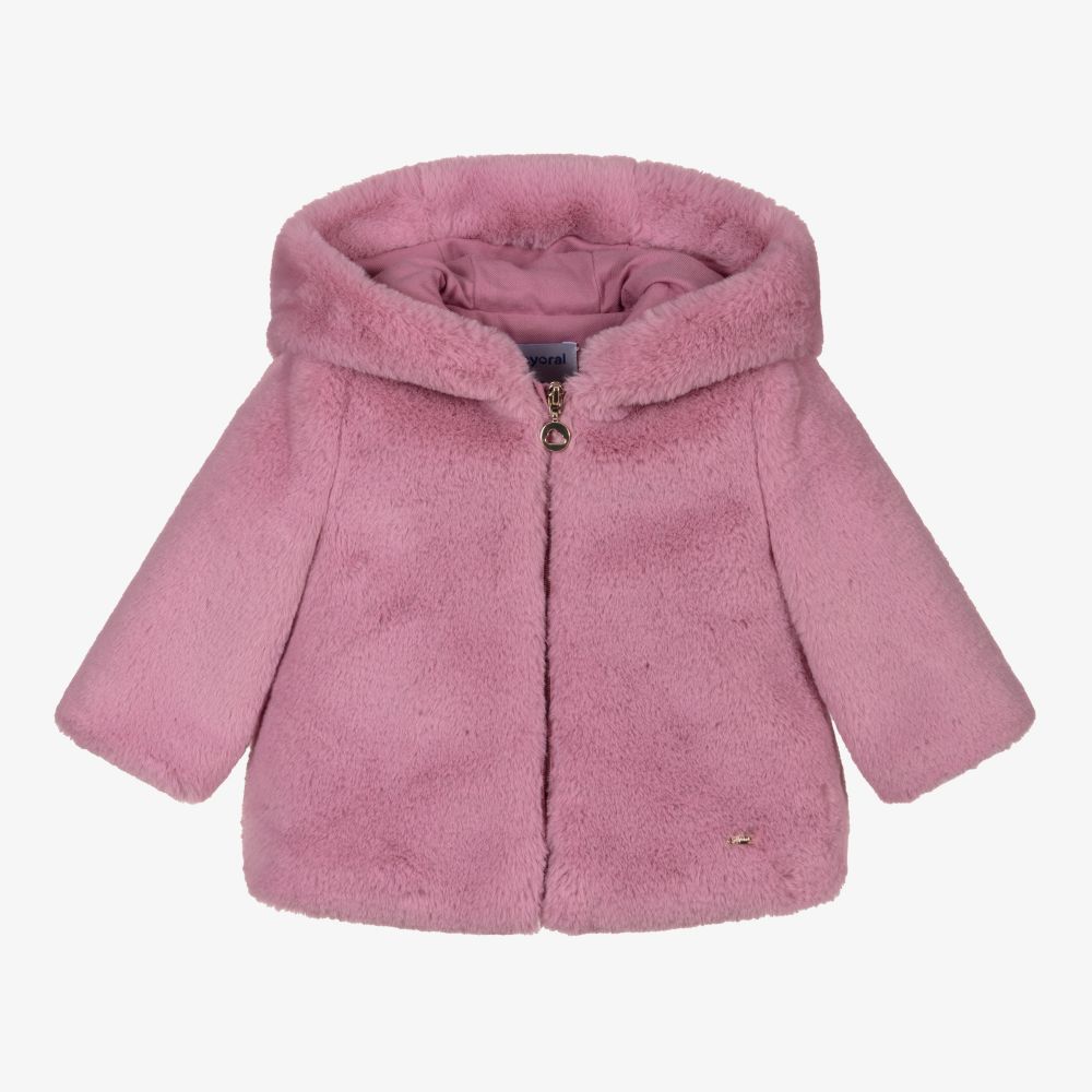 Mayoral - Girls Pink Faux Fur Coat | Childrensalon