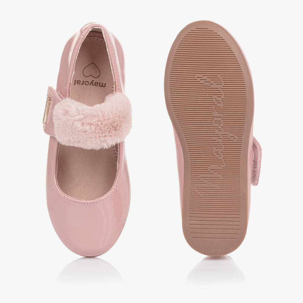 Mayoral-Girls Pink Faux Patent Leather Bar Shoes with Faux Fur Trim | Childrensalon Outlet