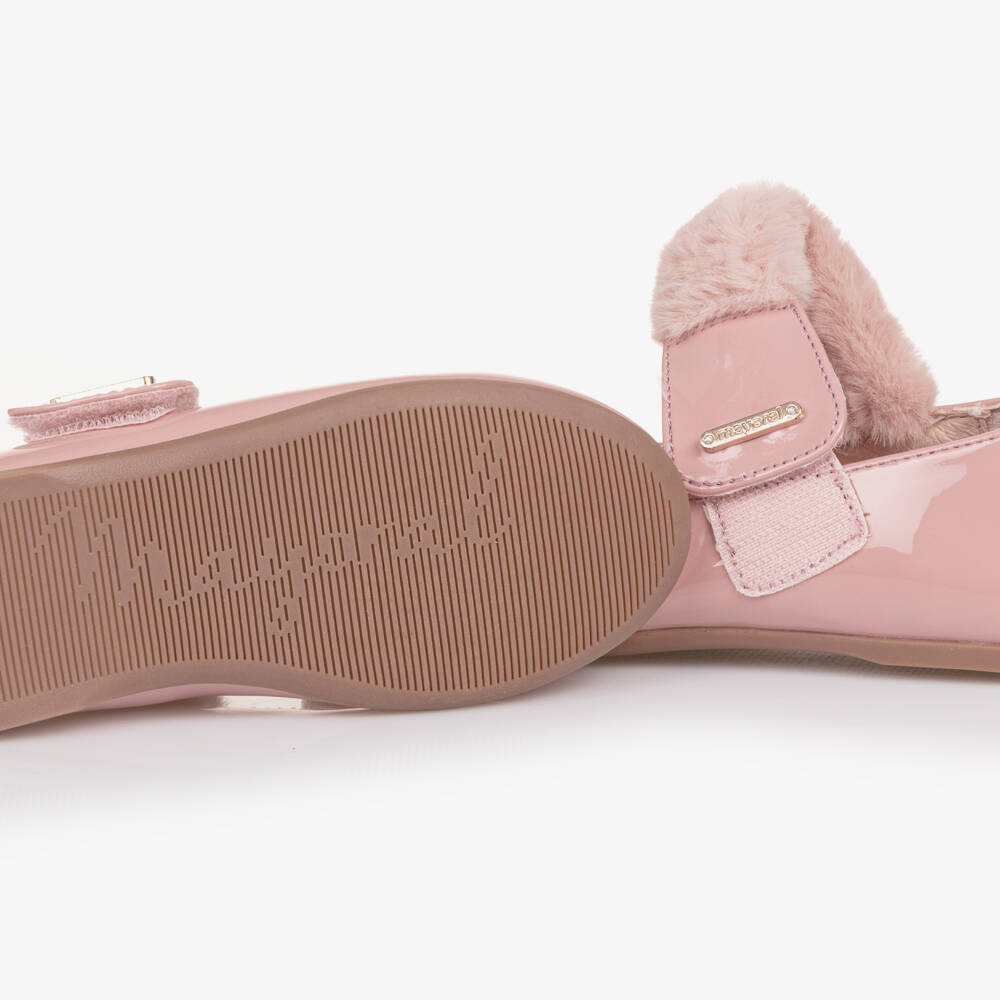 Mayoral-Girls Pink Faux Patent Leather Bar Shoes with Faux Fur Trim | Childrensalon Outlet