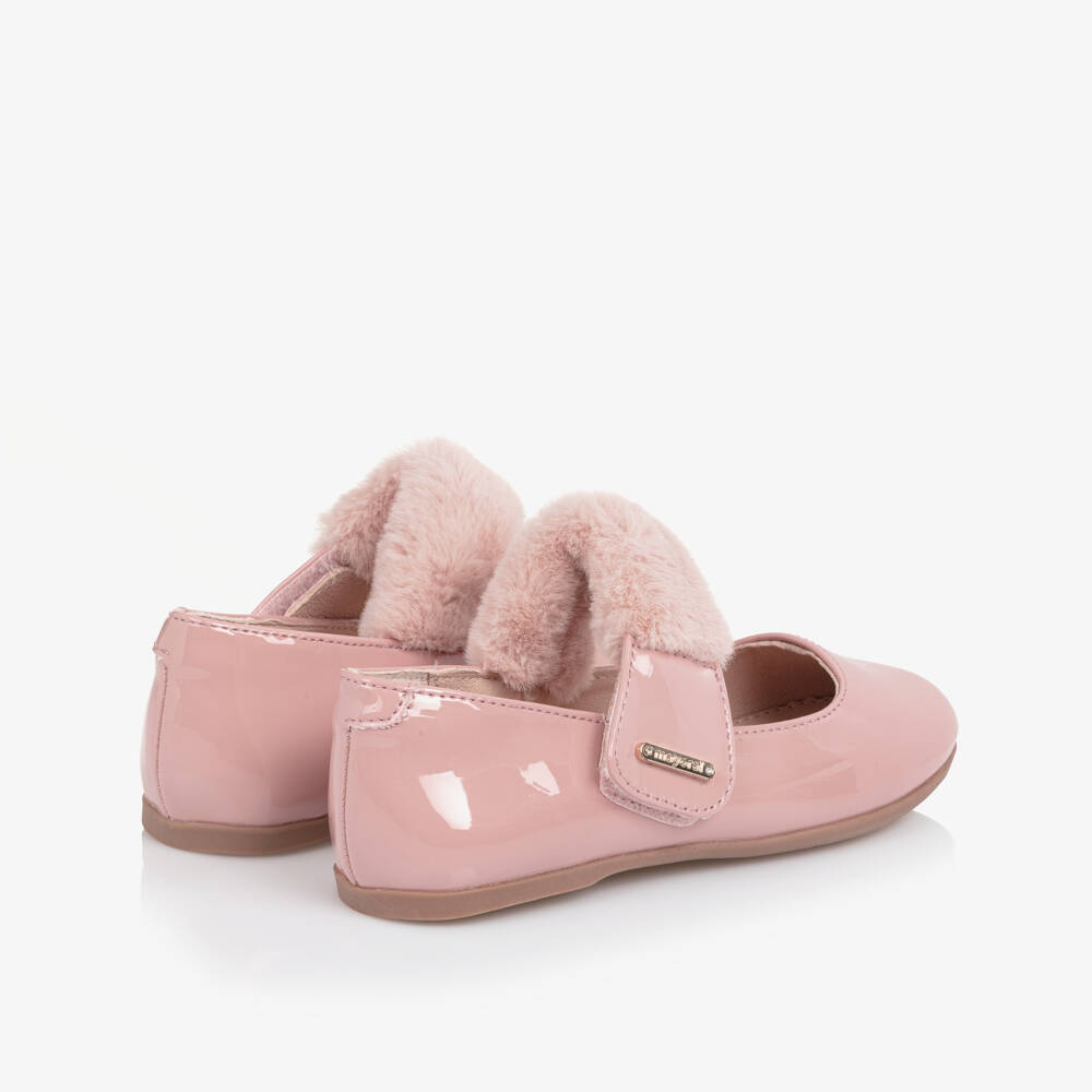 Mayoral-Girls Pink Faux Patent Leather Bar Shoes with Faux Fur Trim | Childrensalon Outlet