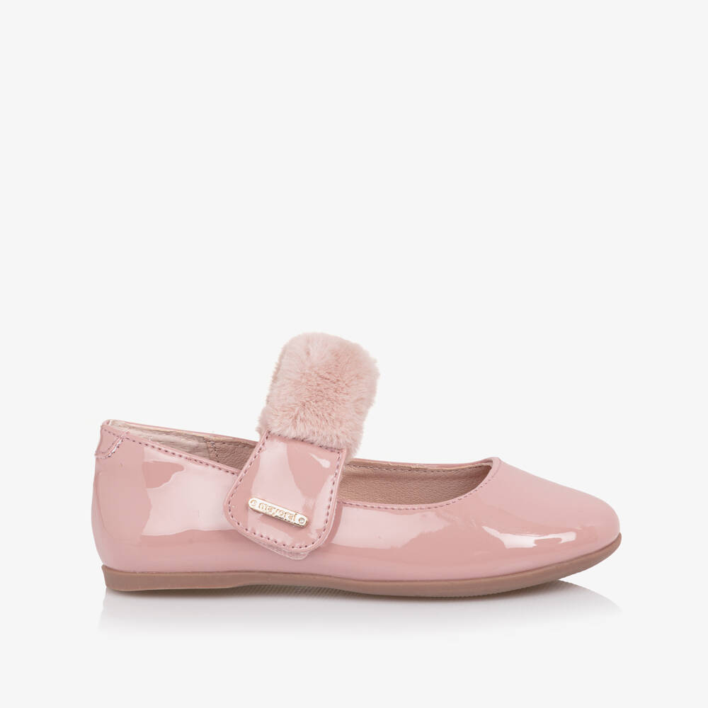 Mayoral-Girls Pink Faux Patent Leather Bar Shoes with Faux Fur Trim | Childrensalon Outlet