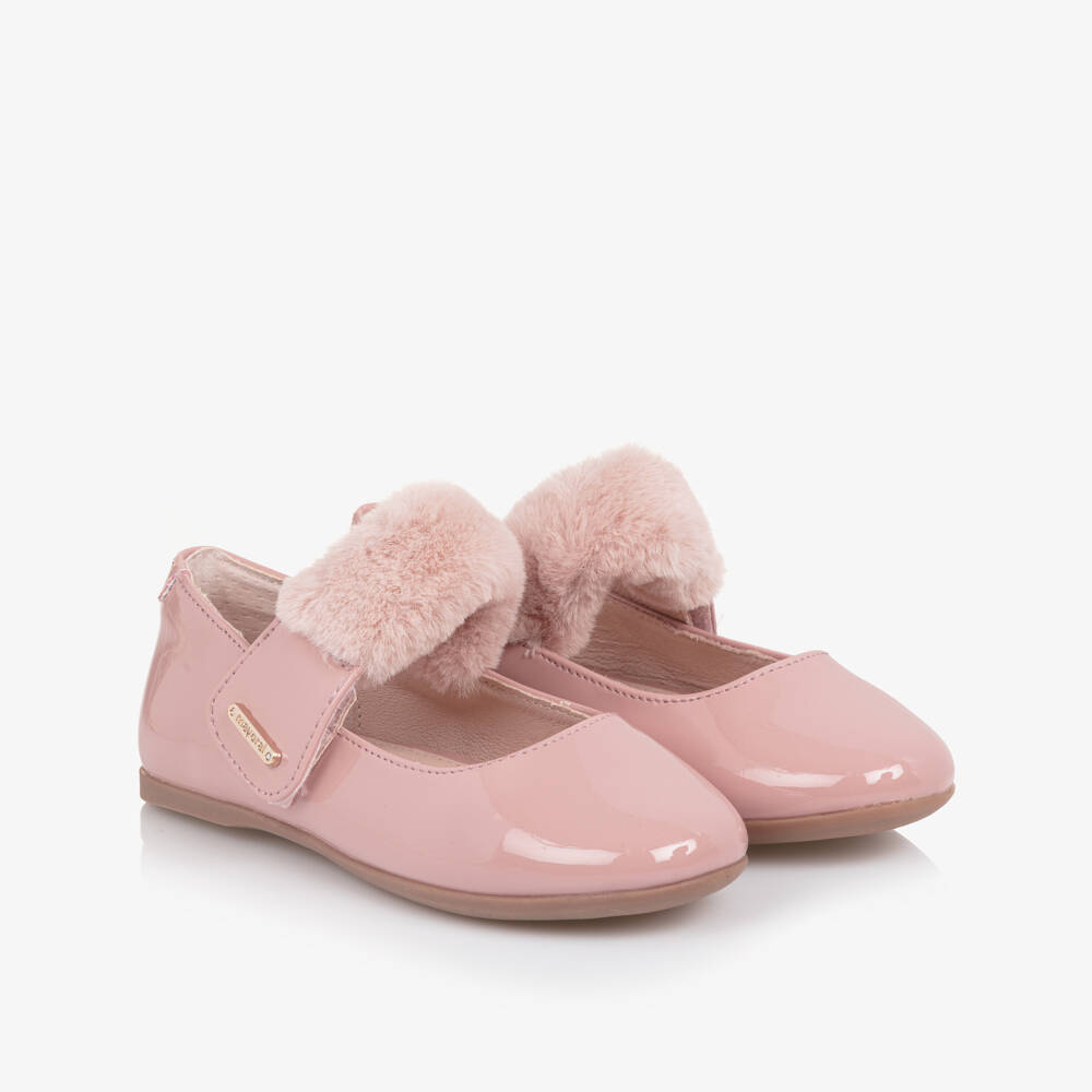 Mayoral-Girls Pink Faux Patent Leather Bar Shoes with Faux Fur Trim | Childrensalon Outlet