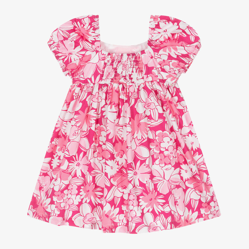 مايورال-فستان قطن بوبلين لون زهري وأبيض بطبعة ورود | Childrensalon Outlet