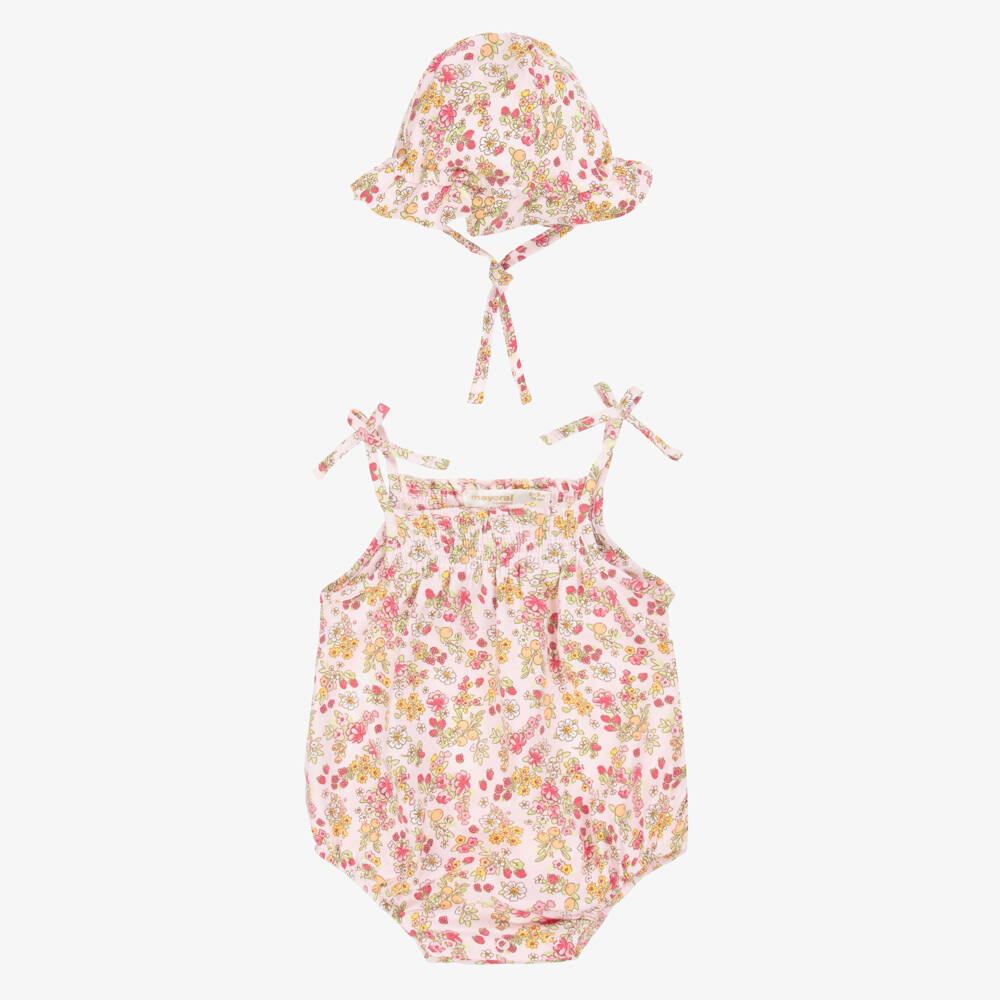 Mayoral Newborn-Girls' Pink Floral Cotton Playsuit Set | Childrensalon Outlet