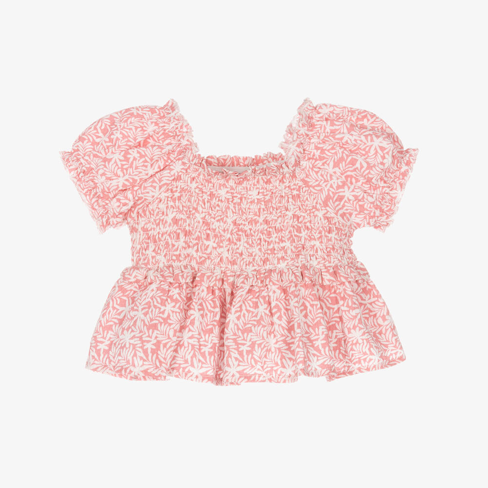 Mayoral - Girls Pink Floral Cotton Shirred Blouse | Childrensalon
