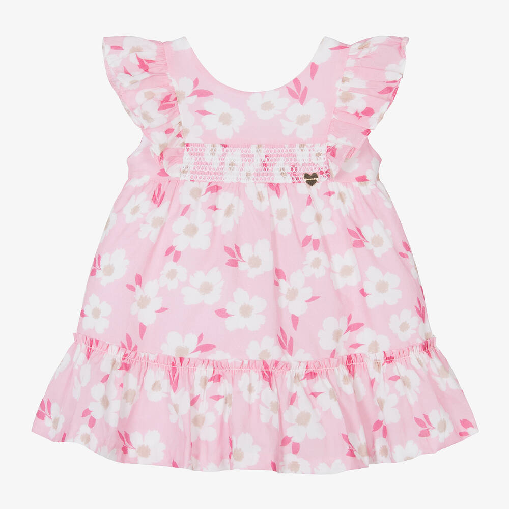 Mayoral-Girls Pink Floral Cotton Shirred Dress | Childrensalon Outlet