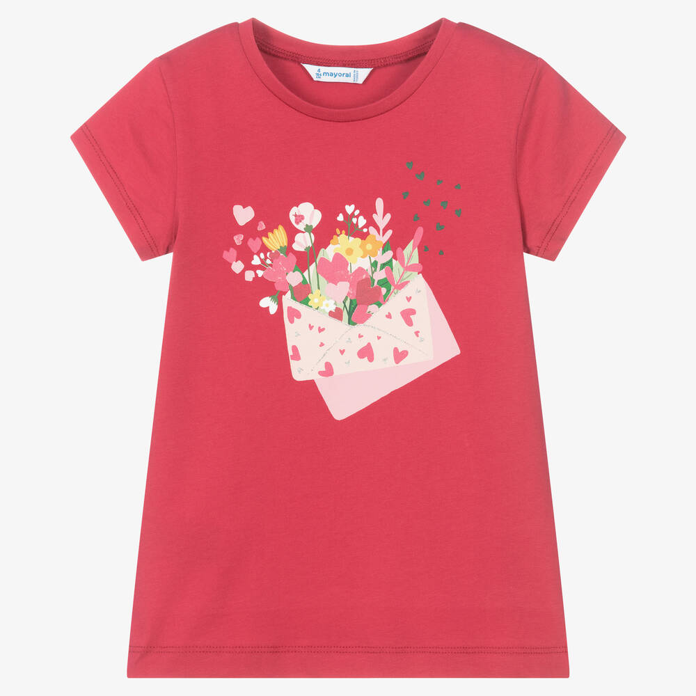 Mayoral - Girls Pink Floral Cotton T-Shirt | Childrensalon