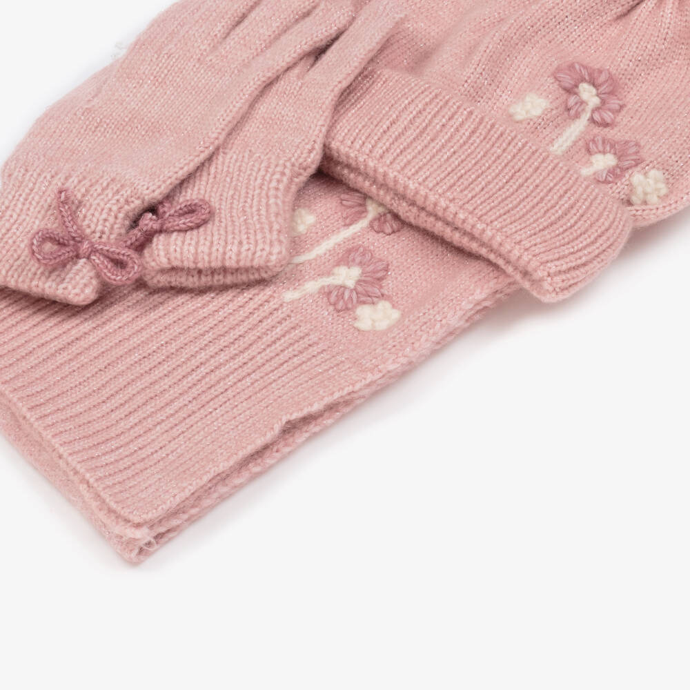 Mayoral-Girls Pink Floral Knit Accessory Set | Childrensalon Outlet