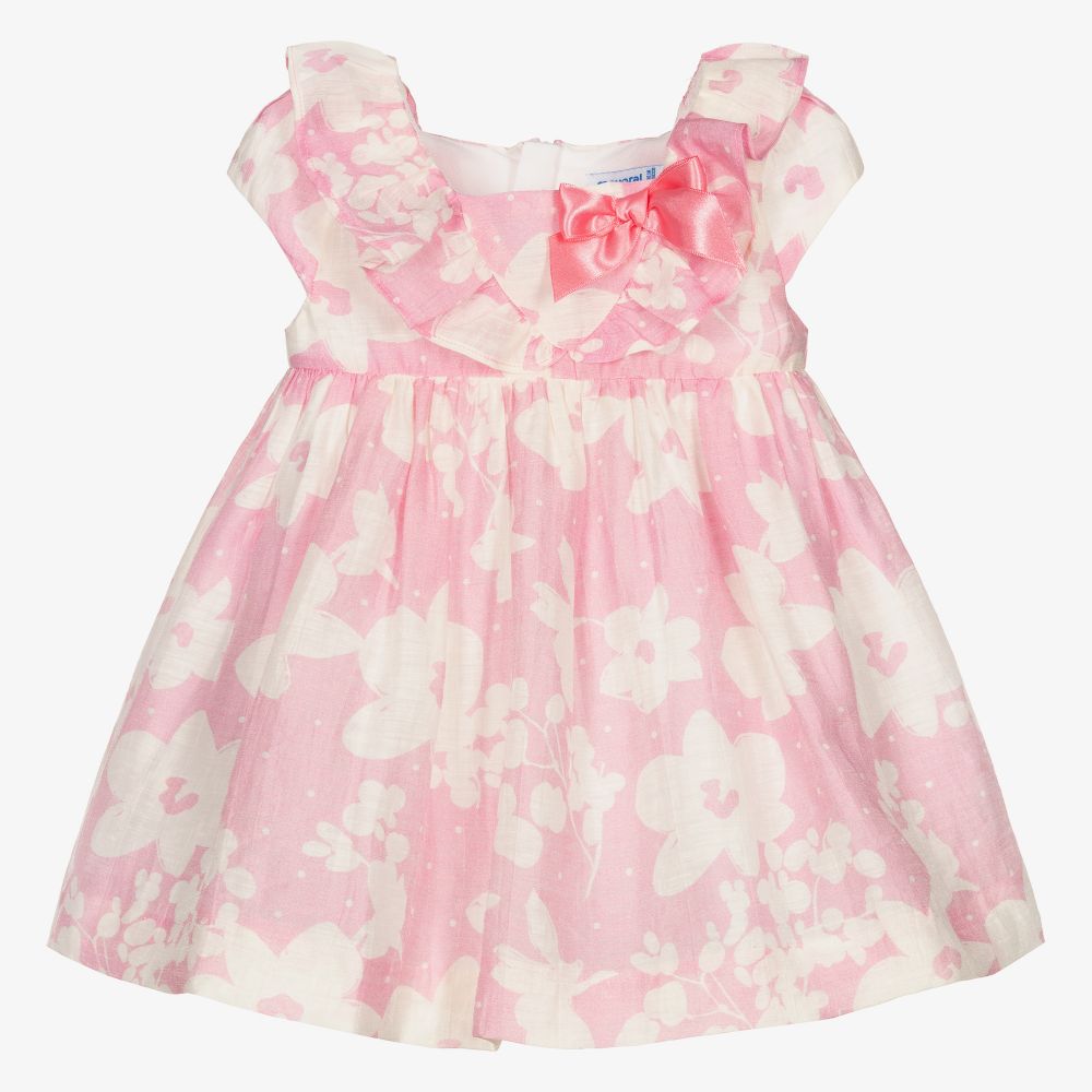 Mayoral - Розовое льняное платье в цветочек для девочек | Childrensalon