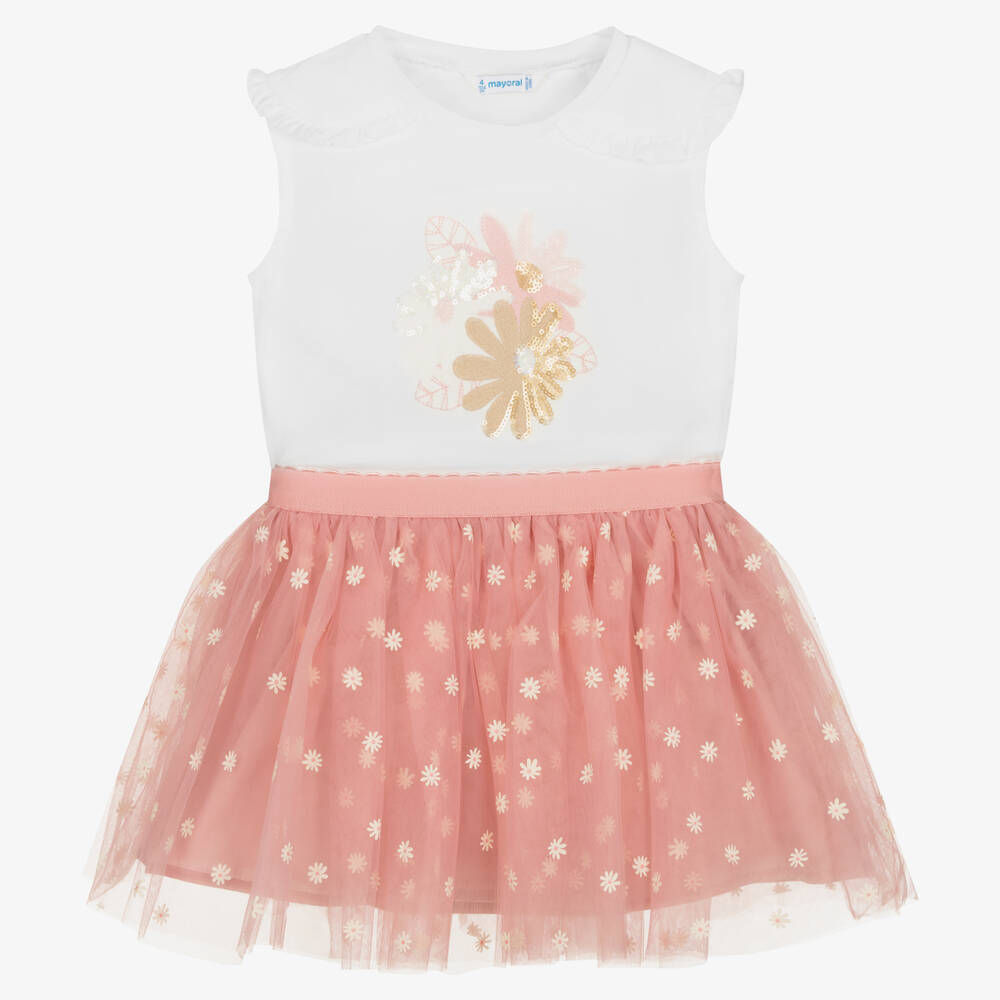 Mayoral-Girls Pink Floral Tulle Skirt Set | Childrensalon Outlet