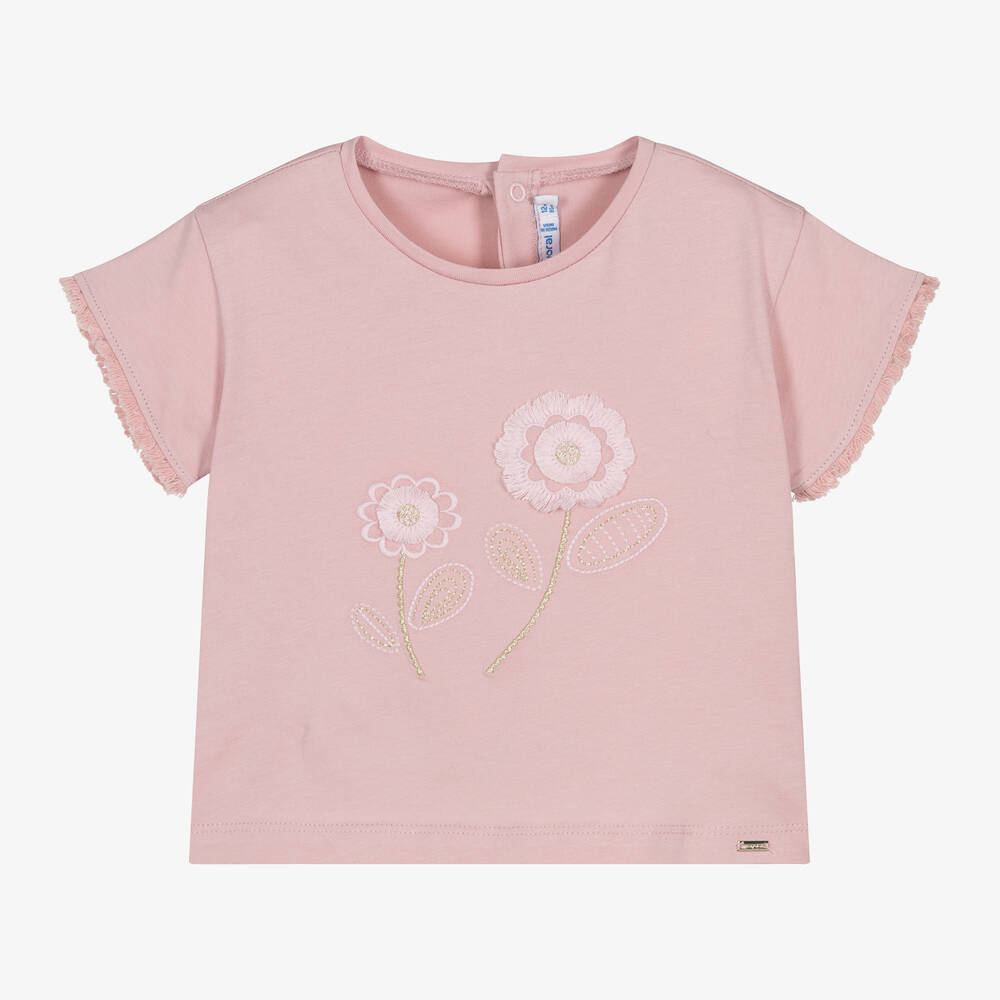 Mayoral-Girls Pink Flowers Cotton T-Shirt | Childrensalon Outlet