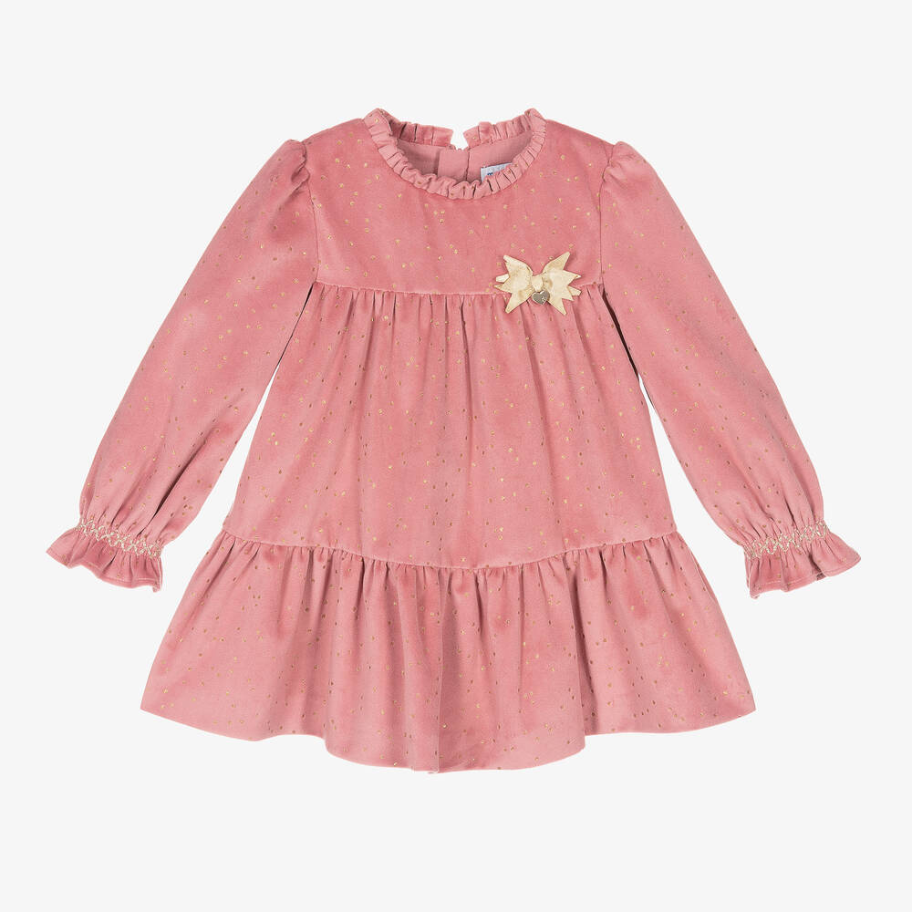 Mayoral - Girls Pink & Gold Dot Velvet Dress | Childrensalon