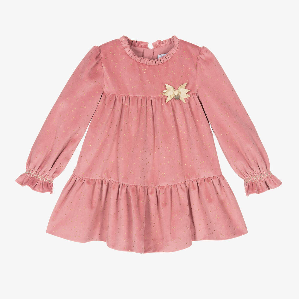 Mayoral - Robe rose en velours à pois dorés | Childrensalon