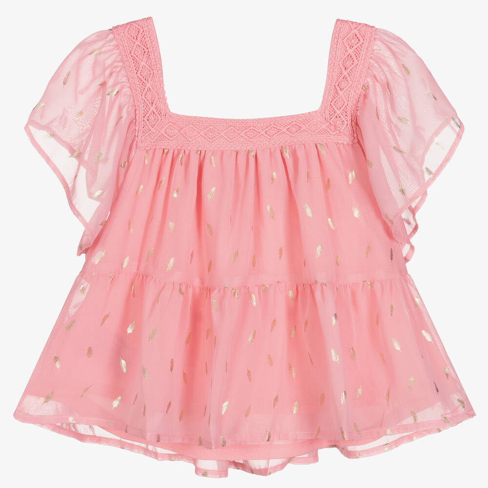 Mayoral - Розовая шифоновая блузка с золотистыми перьями | Childrensalon