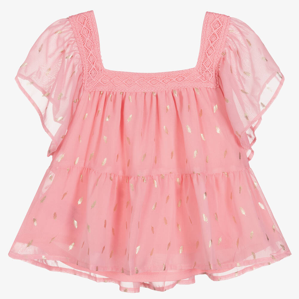 Mayoral - Girls Pink & Gold Feather Chiffon Blouse | Childrensalon