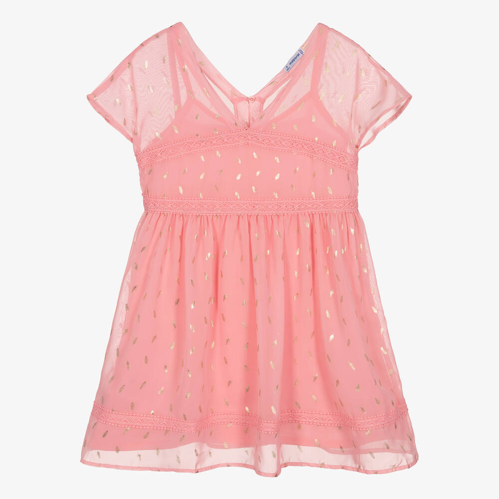 Mayoral - Розовое шифоновое платье с золотистыми перьями | Childrensalon