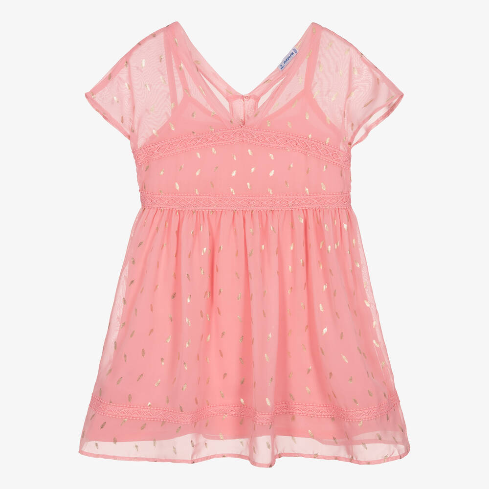 Mayoral - Girls Pink & Gold Feather Chiffon Dress | Childrensalon