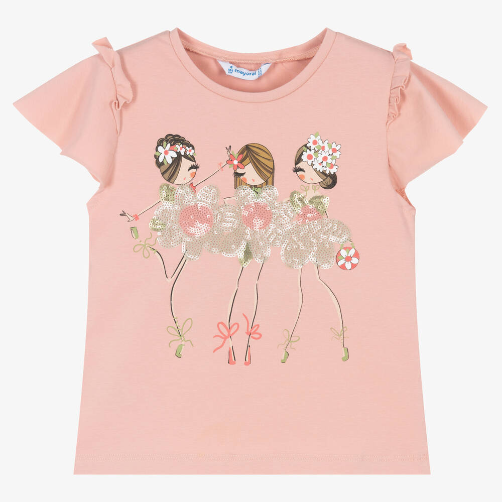Mayoral - Розово-золотистая футболка с цветами для девочек | Childrensalon