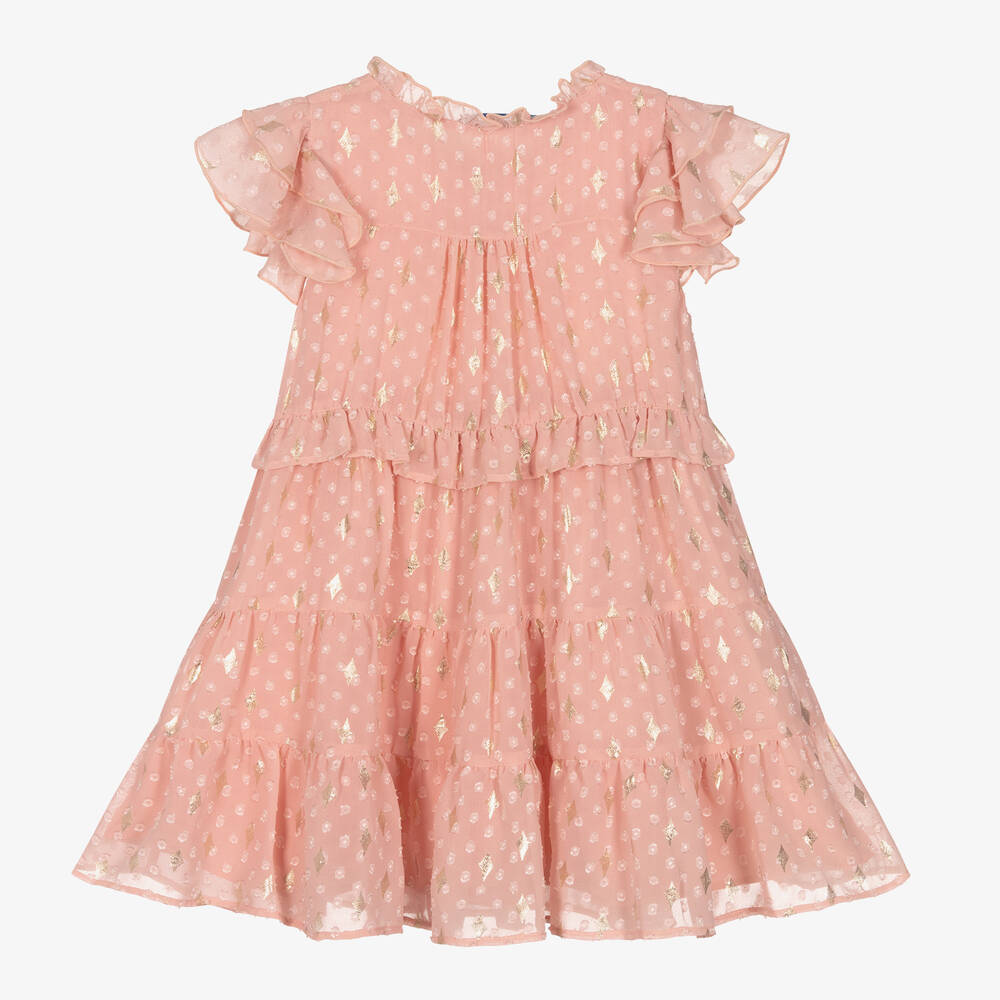 مايورال-فستان بطبقات شيفون لون زهري وذهبي | Childrensalon Outlet