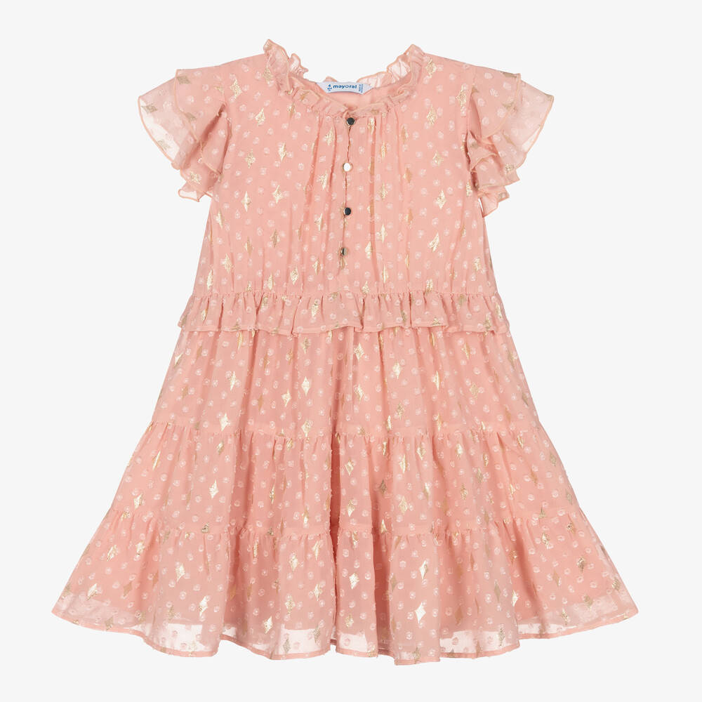 Mayoral - Розовое многоярусное платье с золотистыми звездами | Childrensalon