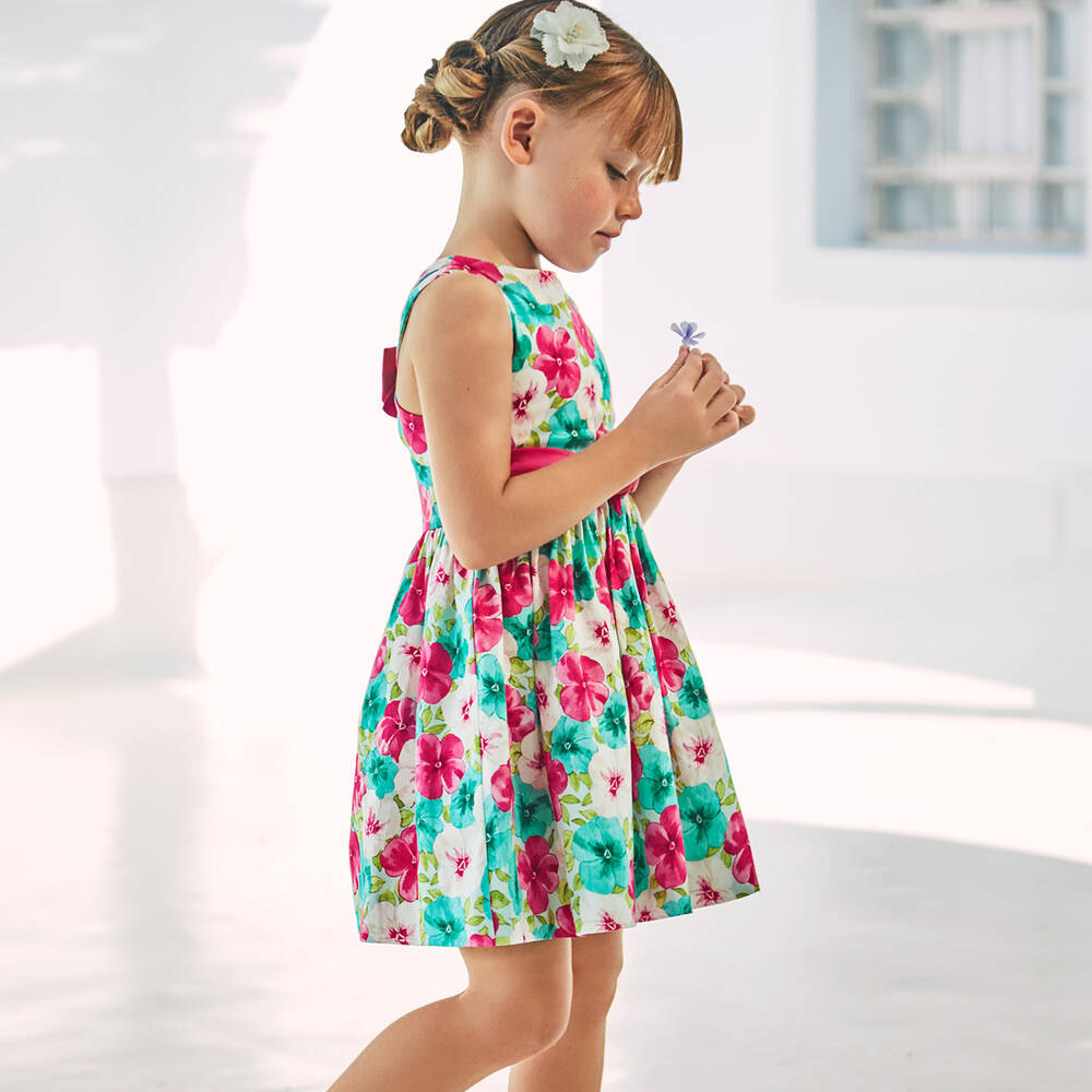 Mayoral-Girls Pink & Green Floral Cotton Dress | Childrensalon Outlet