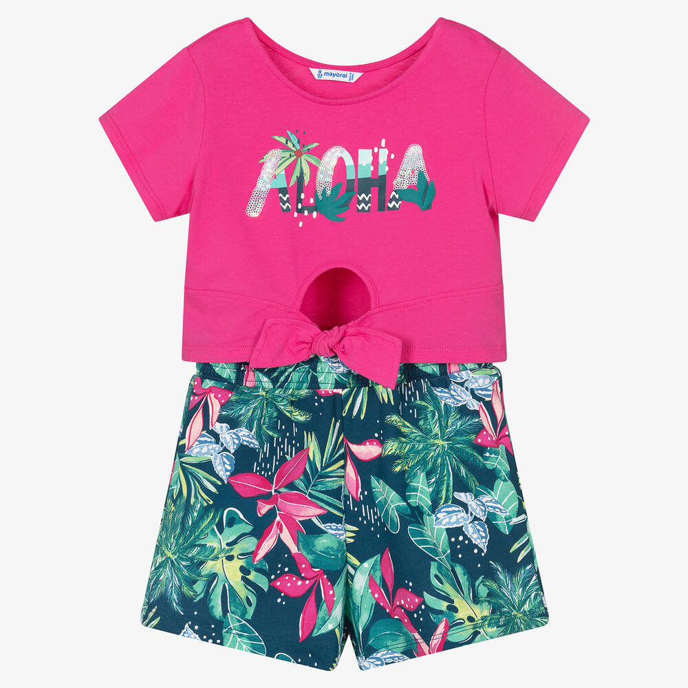 Mayoral - Розовый топ и зеленые шорты с тропическим принтом | Childrensalon