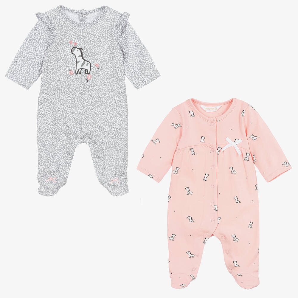 Mayoral - Girls Pink & Grey Cotton Babygrows (2 Pack)  | Childrensalon