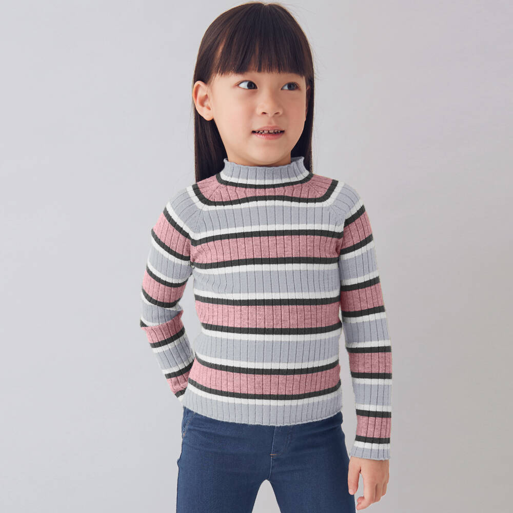 Mayoral-Girls Pink & Grey Stripe Roll Neck Top | Childrensalon Outlet