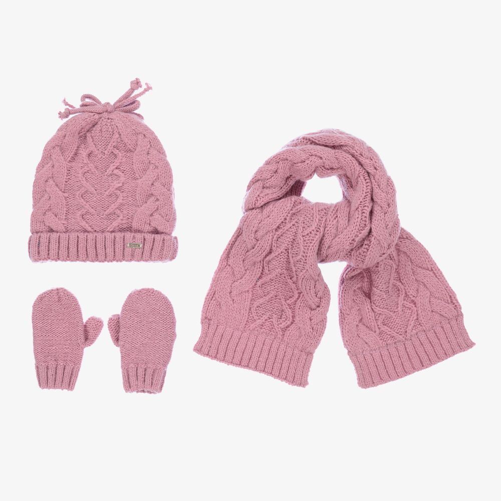 Mayoral - Ensemble bonnet, écharpe et moufles rose Fille | Childrensalon