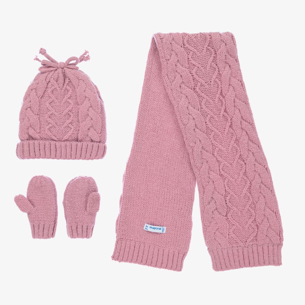 مايورال-طقم قبعة مزيج صوف محبوك لون زهري للمولودات | Childrensalon Outlet