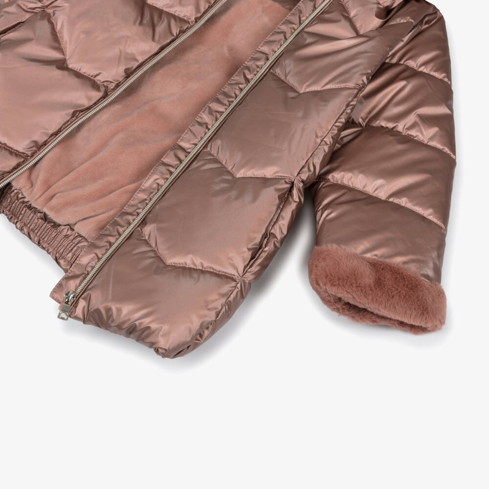 Mayoral-Girls Pink Hooded Puffer Coat with Faux Fur Trims | Childrensalon Outlet