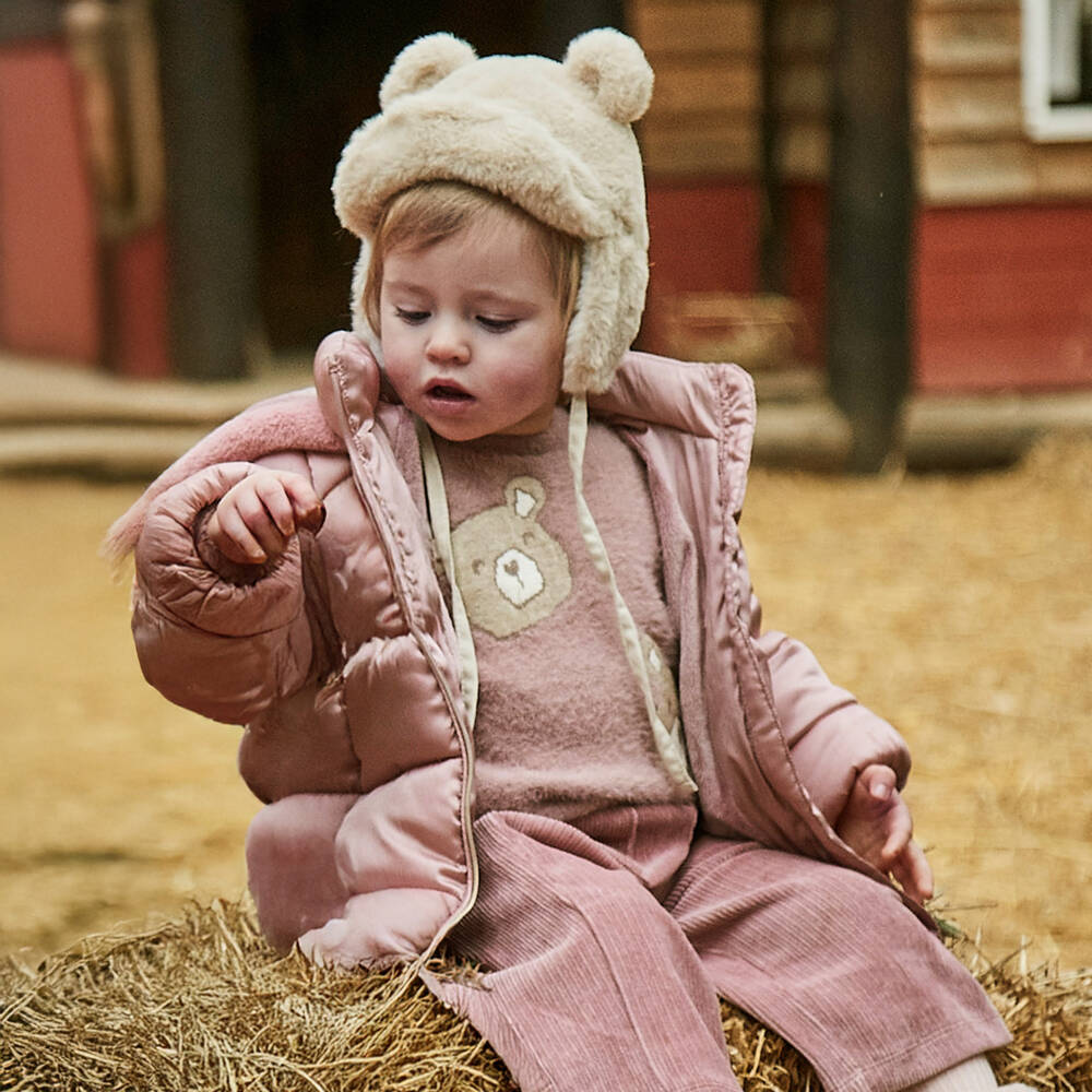Mayoral-Girls Pink Hooded Puffer Coat with Faux Fur Trims | Childrensalon Outlet