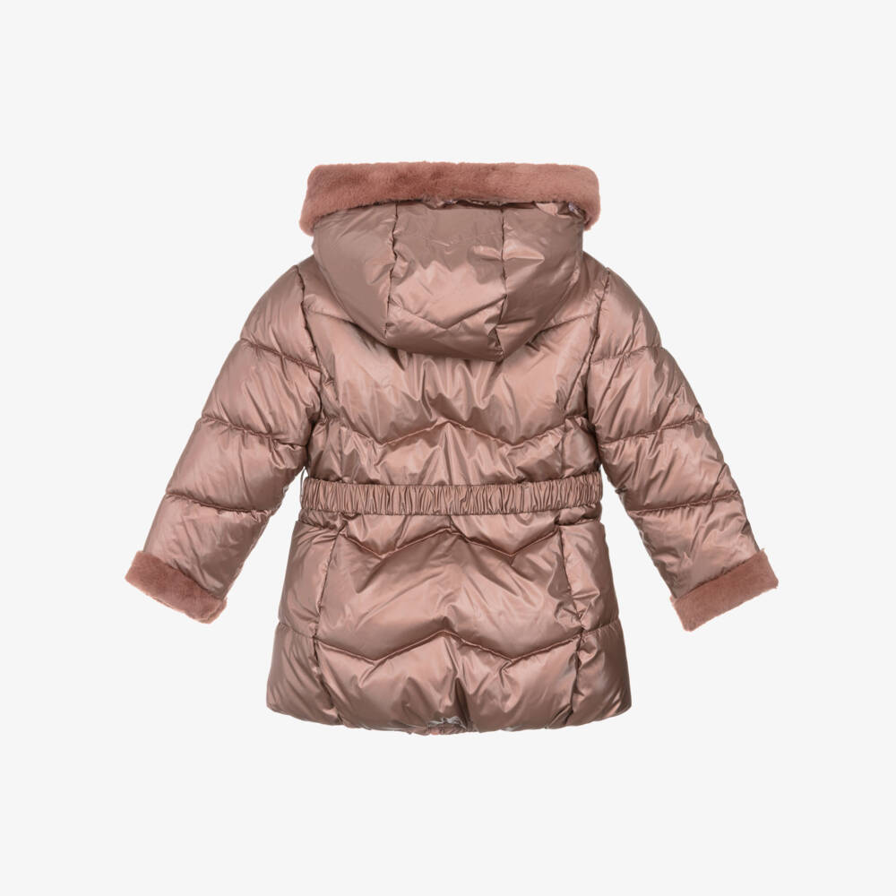 Mayoral-Girls Pink Hooded Puffer Coat with Faux Fur Trims | Childrensalon Outlet
