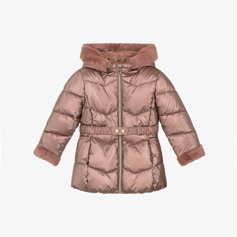 Mayoral-Girls Pink Hooded Puffer Coat with Faux Fur Trims | Childrensalon Outlet