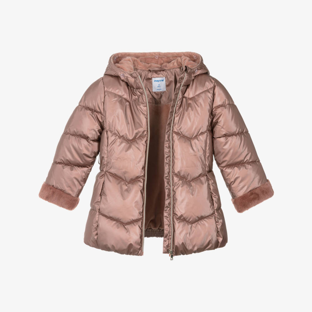 Mayoral-Girls Pink Hooded Puffer Coat with Faux Fur Trims | Childrensalon Outlet