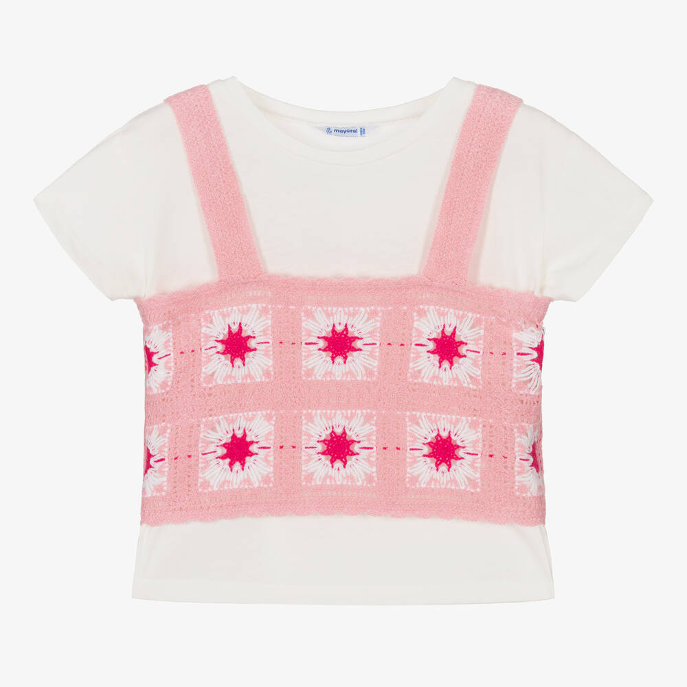 Mayoral - Розовый вязаный крючком топ и кремовая футболка | Childrensalon