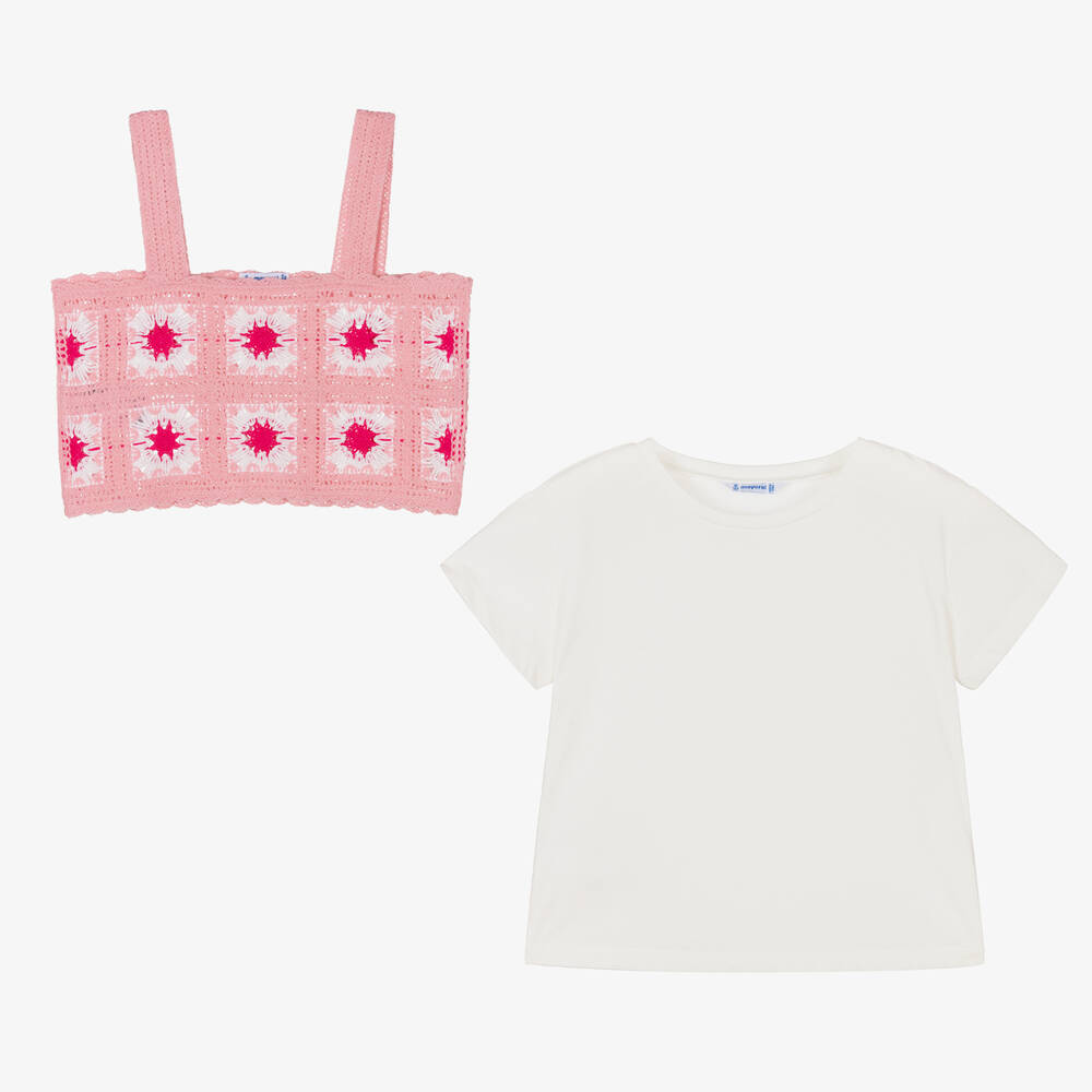 Mayoral-Розовый вязаный крючком топ и кремовая футболка | Childrensalon Outlet