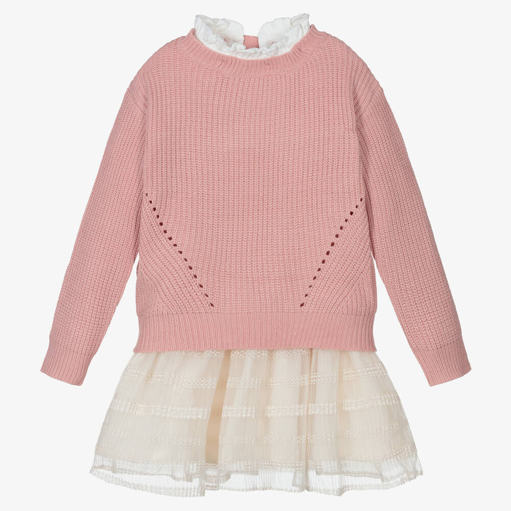 Mayoral - Кремовое платье и розовый джемпер | Childrensalon