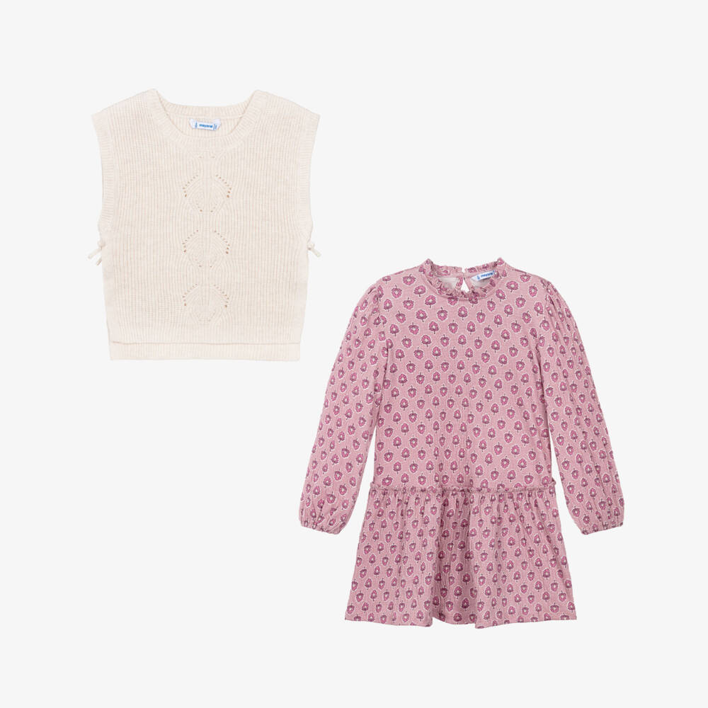 Mayoral-Girls Pink & Ivory Floral Jersey Dress Set | Childrensalon Outlet