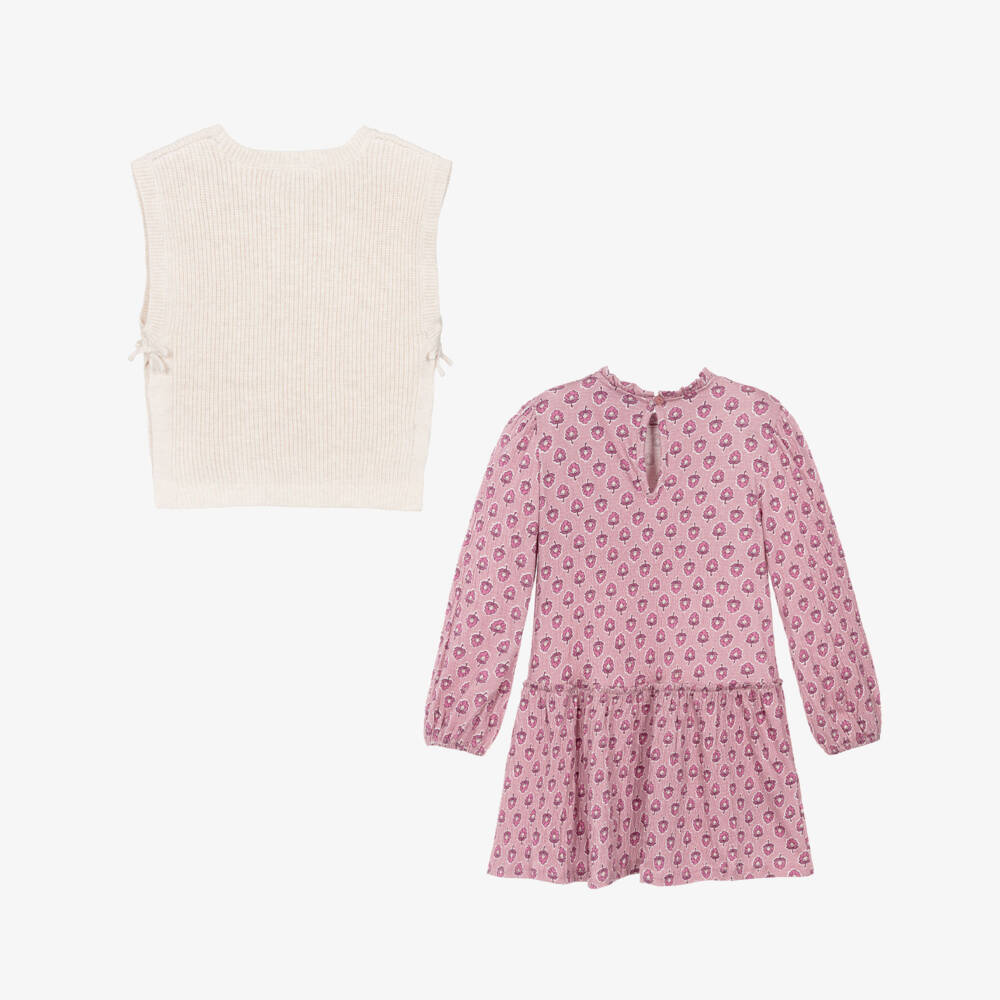 Mayoral-Girls Pink & Ivory Floral Jersey Dress Set | Childrensalon Outlet