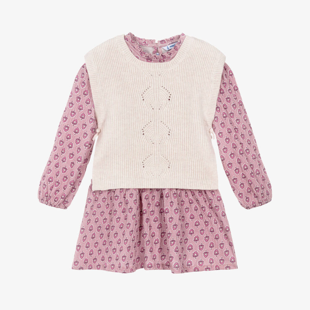 Mayoral-Girls Pink & Ivory Floral Jersey Dress Set | Childrensalon Outlet