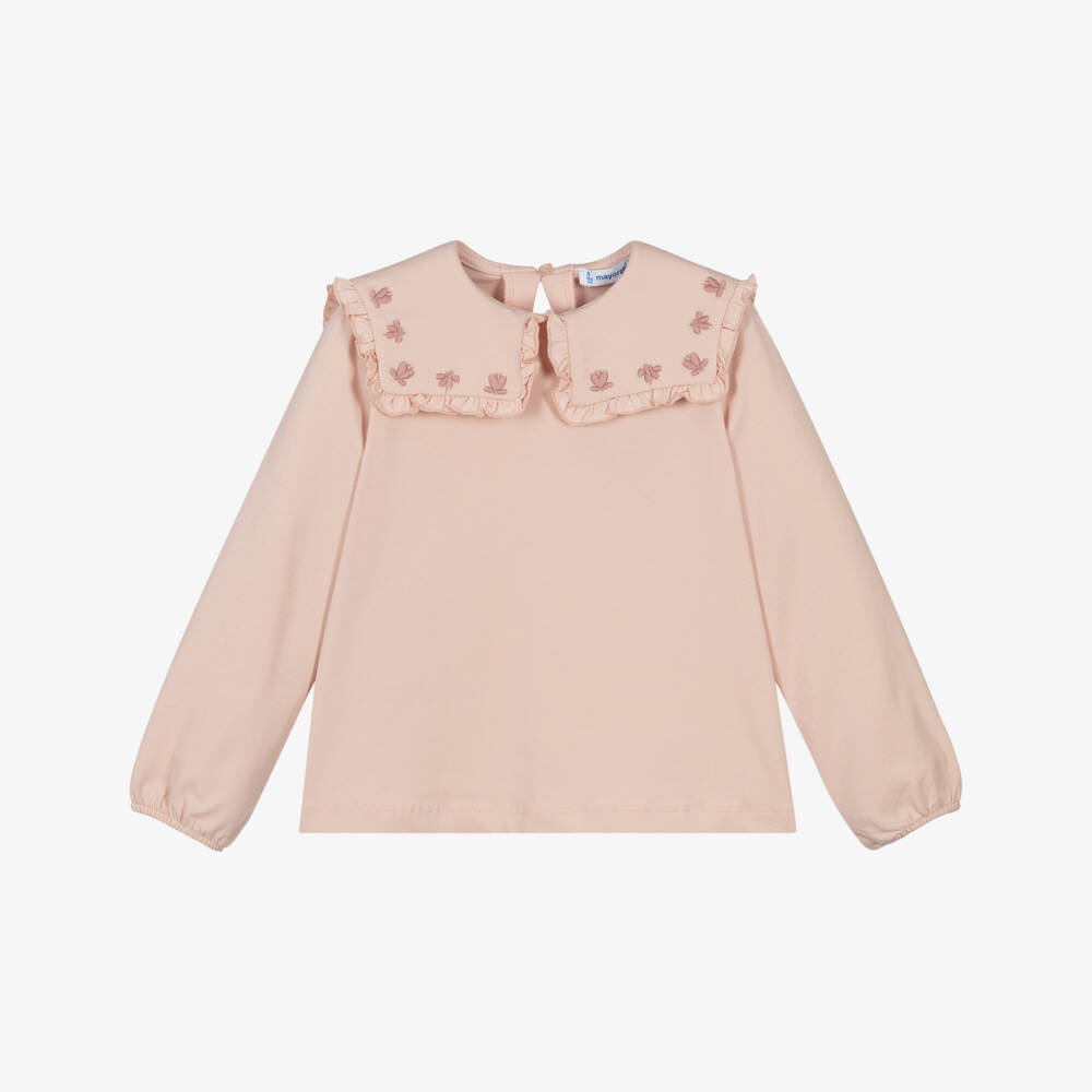 Mayoral-Girls Pink Jersey Blouse with Embroidered Collar | Childrensalon Outlet