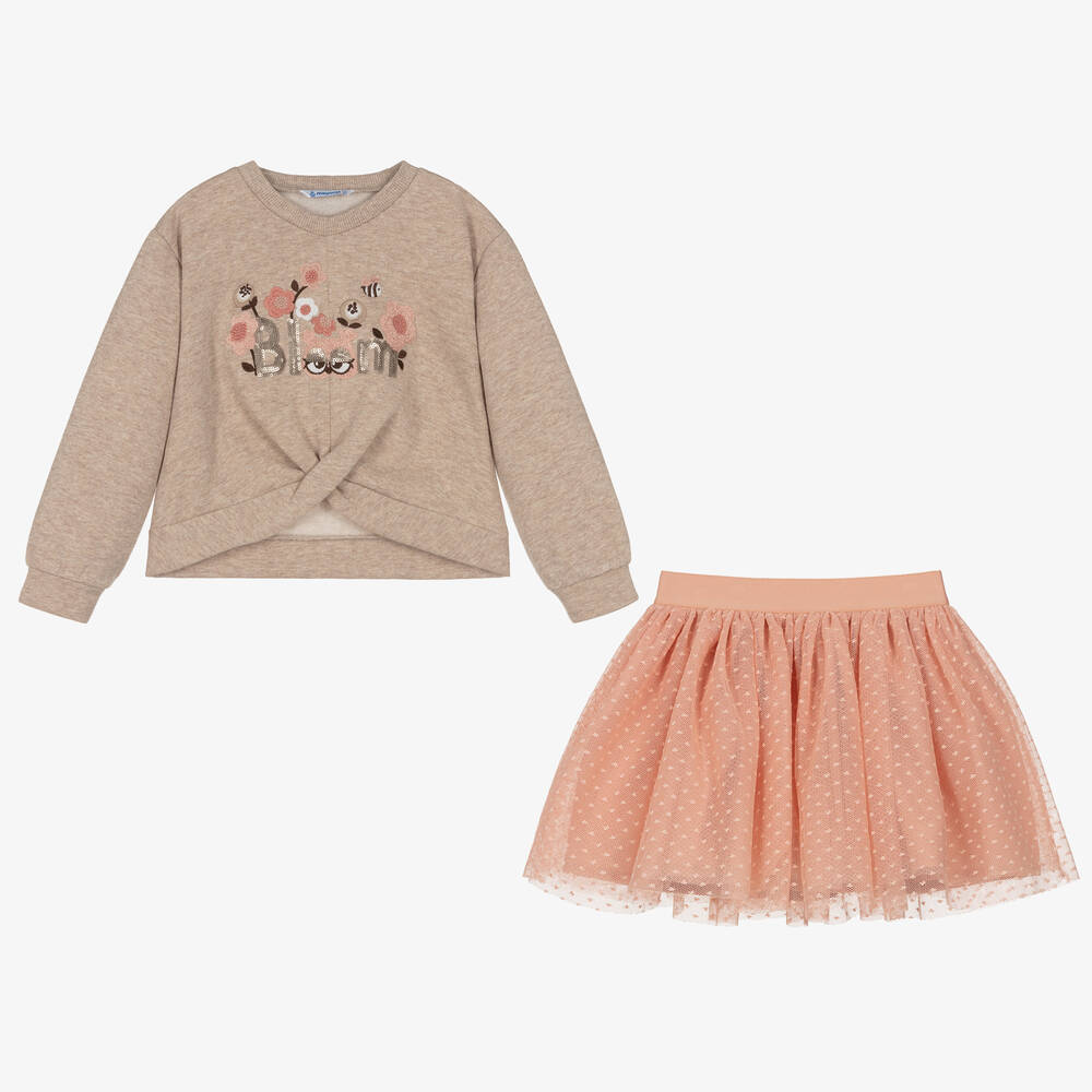 Mayoral-طقم تنورة قطن جيرسي وتول لون زهري | Childrensalon Outlet