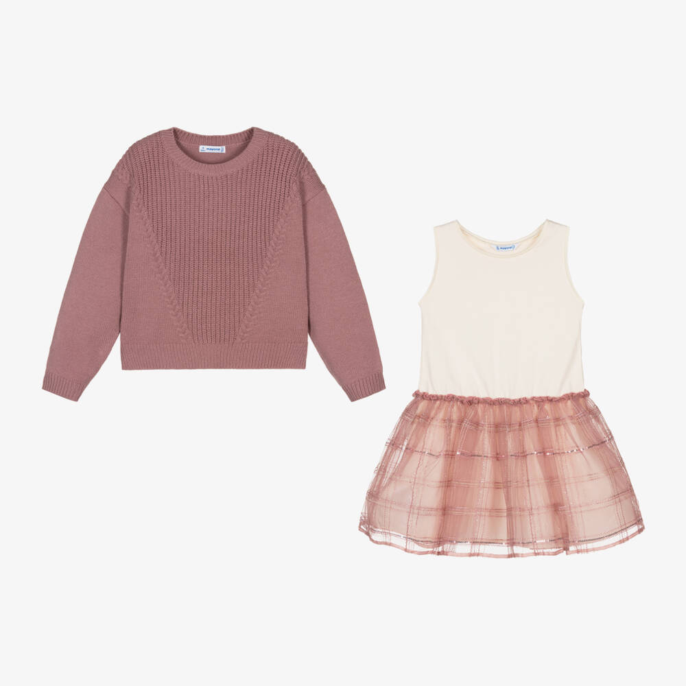 Mayoral-Girls Pink Knit Dress Ensemble | Childrensalon Outlet