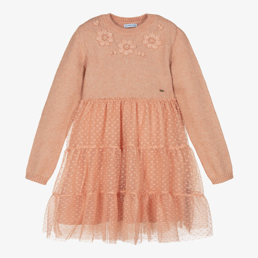 Mayoral - Girls Pink Knit & Tulle Dress | Childrensalon
