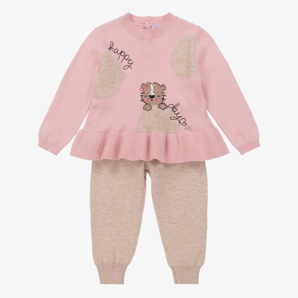 Mayoral-Girls Pink Knitted Cat Trouser Set | Childrensalon Outlet
