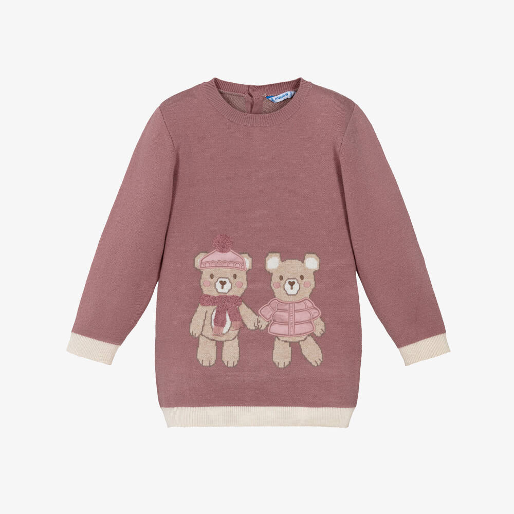 Mayoral-Girls Pink Knitted Dress with Teddy Bears Motif | Childrensalon Outlet